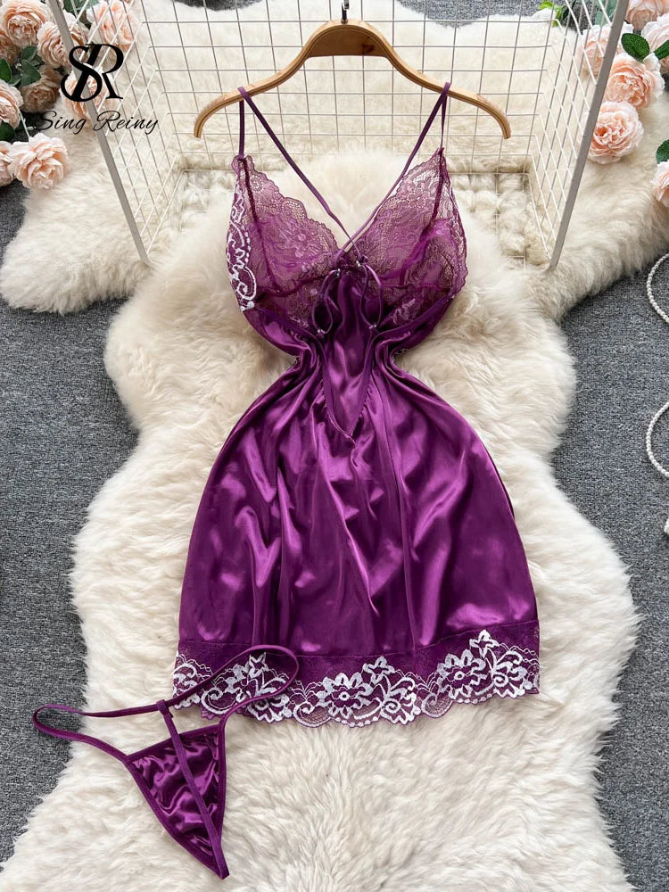 SINGREINY Floral Lace Erotic Night Dress Sleeveless Backless Porno Pajamas Nightwears+Thongs Transparent Satin Sexy Short Dress