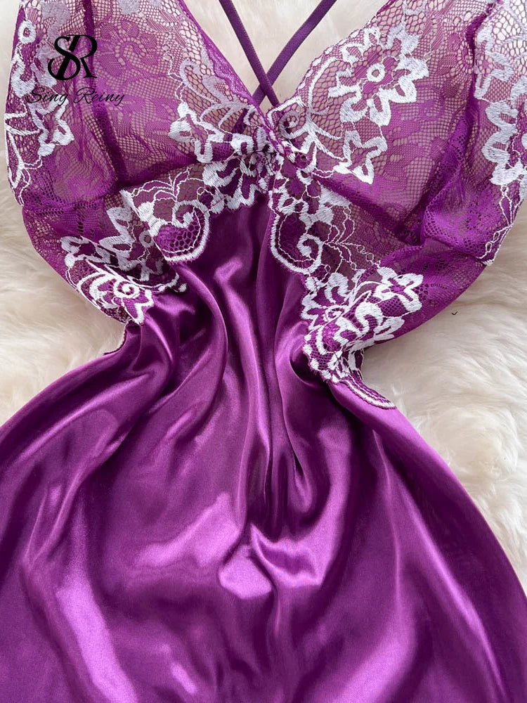 SINGREINY Floral Lace Erotic Night Dress Sleeveless Backless Porno Pajamas Nightwears+Thongs Transparent Satin Sexy Short Dress