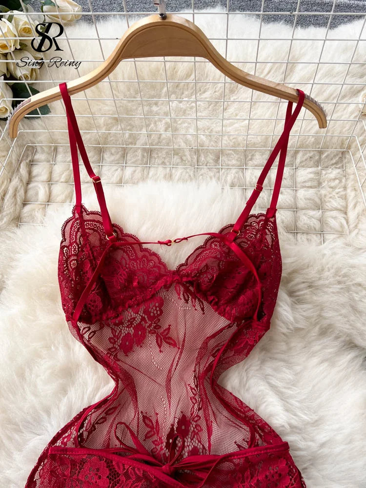 SINGREINY Ruffles Sensual Sheer Camis Night Dress Summer Straps Sleeveless Short Dress Embroidery Hollow Out Sexy Lace Pajamas