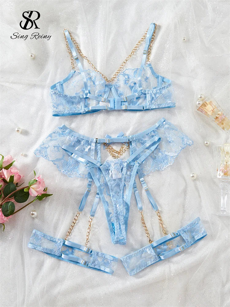 Singiny moda corrente rendas sensual conjuntos de roupa interior bordado espartilho shapewear 2024 senhoras transparente sutiã erótico & briefs ternos