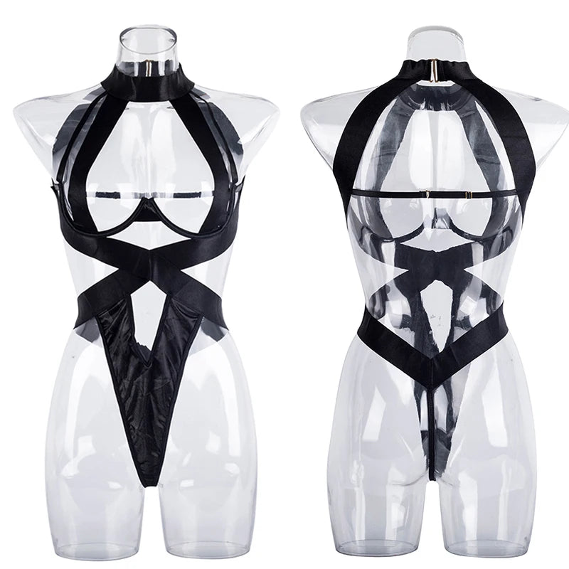 Lingerie Sexy Feminina: Vestido Babydoll Oco com Pescoço Bandagem e Sutiã Reunido