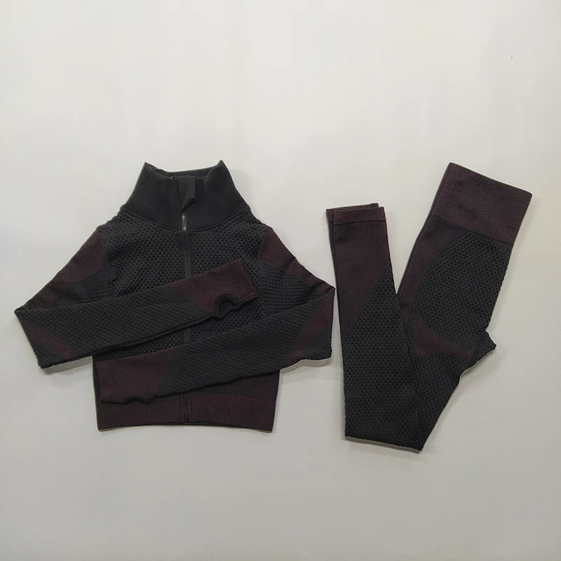Sem costura feminino yoga ginásio ternos esportivos de fitness treino correndo roupas esportivas manga longa colheita superior leggings sutiã conjunto atlético