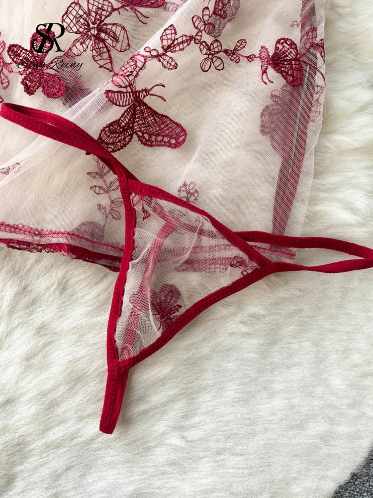 SINGREINY Mesh Sheer Sexy Night Dress Women Hollow Out Split Retro Underwear Embroidery Cheongsam Summer Sheath Erotic Pajamas