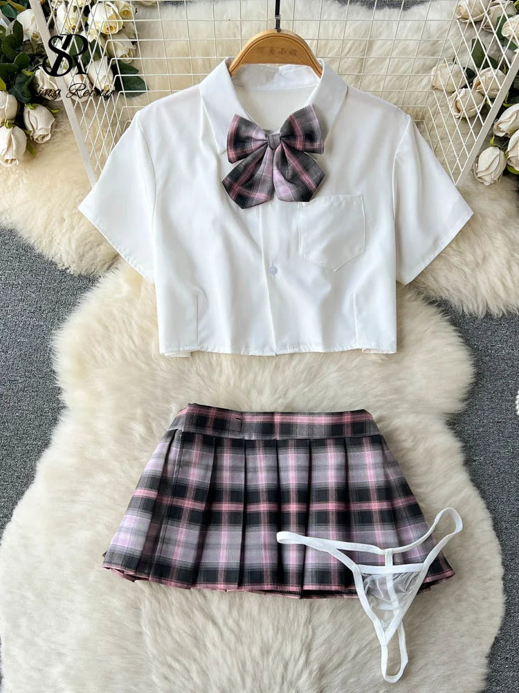 SINGREINY Japan Style Erotic Women Suits Bow Short Sleeve Tops+Mini Pleated Skirt Set JK Role Play Plaid Lingerie Sexy Sets