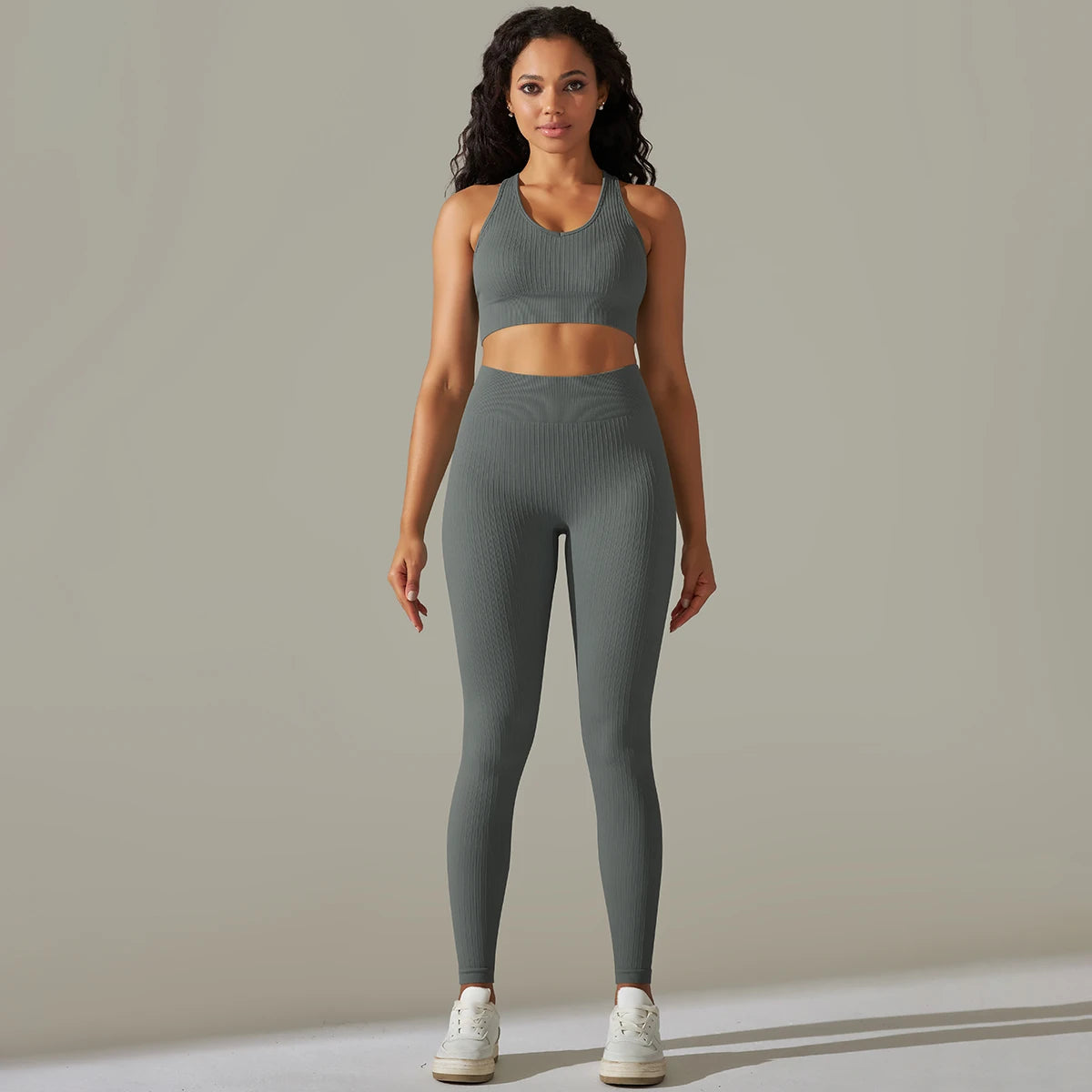 Sem costura conjunto de yoga feminino com nervuras treino esporte sutiã colheita superior cintura alta shorts yoga leggings define fitness ginásio roupas treino