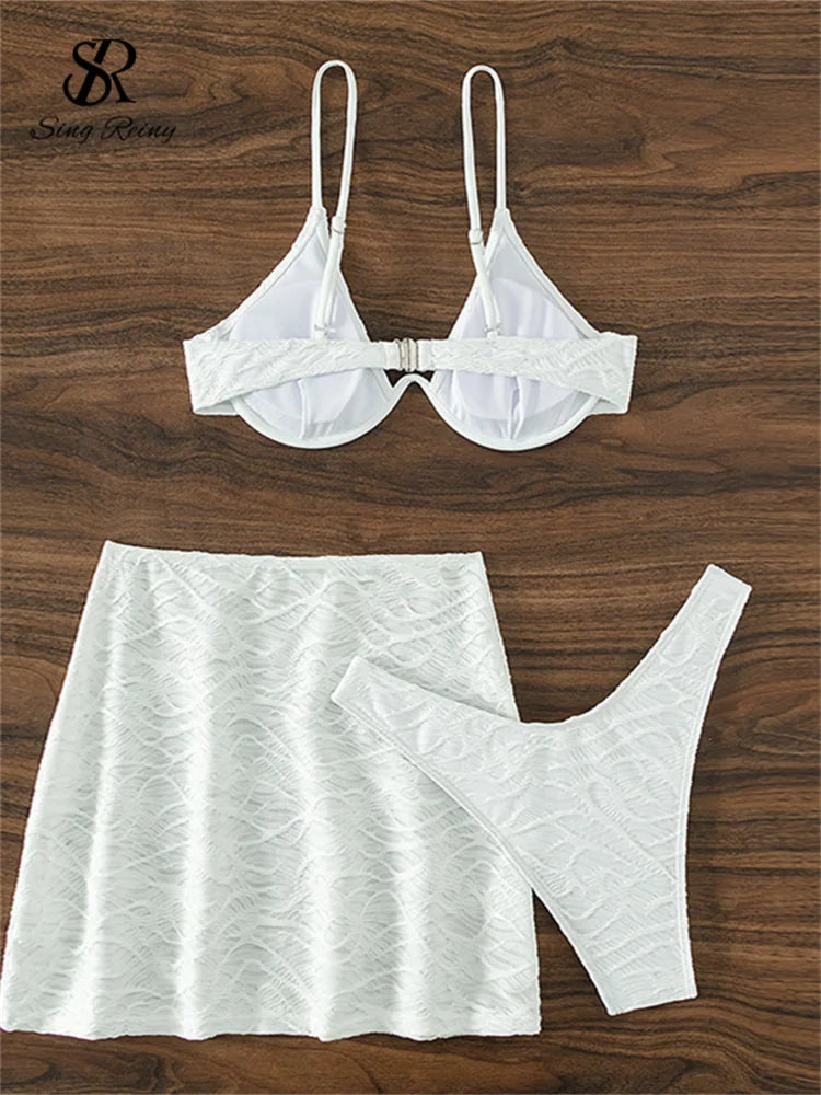 SINGREINY Solid Beach Sexy Swimsuits Underwear Suits Transparent Bodycon Skirt Suit Fashion Holiday Slim Bikini Lingerie Sets