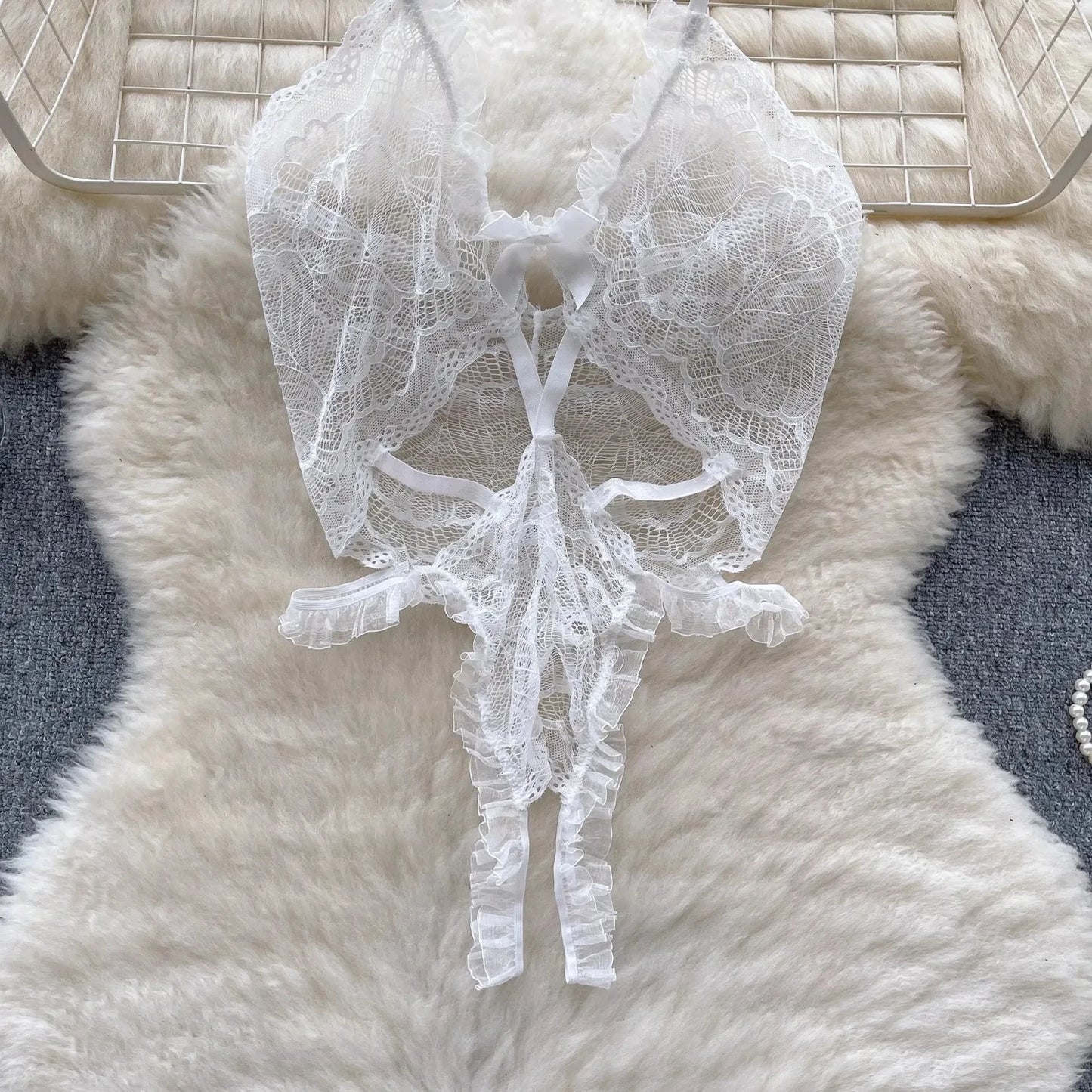 Lace Playsuit Halter Transparent Ruffle Hollow Bodysuit