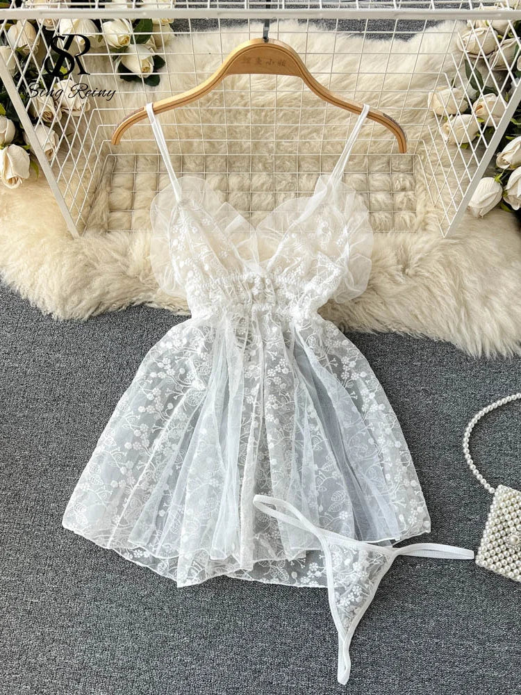 SINGREINY Summer Lace Ruffles Sheer Nightwear Women Sexy Embroidery Camis Slim Pajamas Backless 2023 Erotic Sensual Night Dress