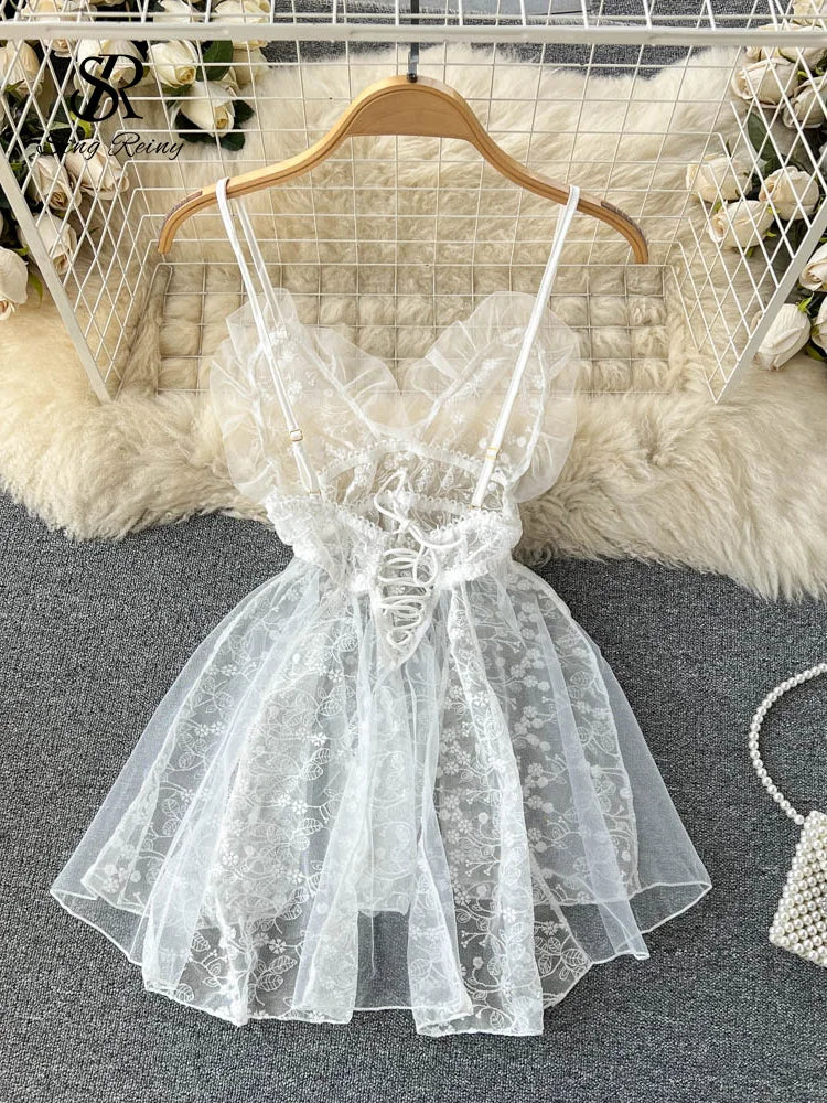 SINGREINY Summer Lace Ruffles Sheer Nightwear Women Sexy Embroidery Camis Slim Pajamas Backless 2023 Erotic Sensual Night Dress