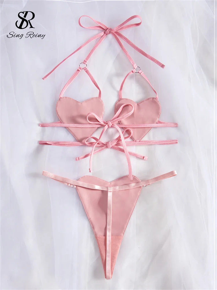 SINGREINY Fashion PU Solid Erotic Underwear Sets 2024 Love Lace Up Top+Mini Briefs Set Female Leather Sensual Lingerie Suits