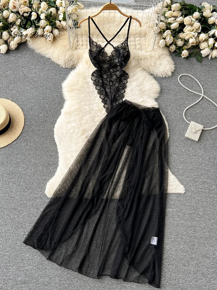 SINGREINY Lace Sensual Erotic Two Pieces Suits Camis Short Bodysuits Tops+Midi Long Mesh Chiffon Skirts Women Underwear Sets