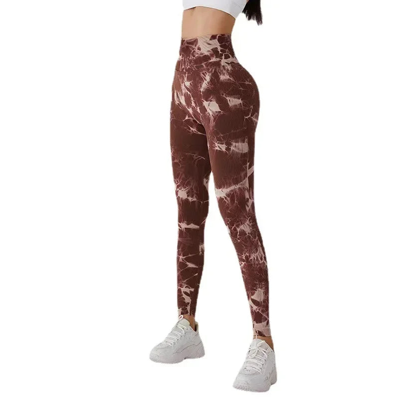 Leggings tie-dye de cintura alta sem costura: calças pêssego para ioga e treino para levantamento de quadril para mulheres