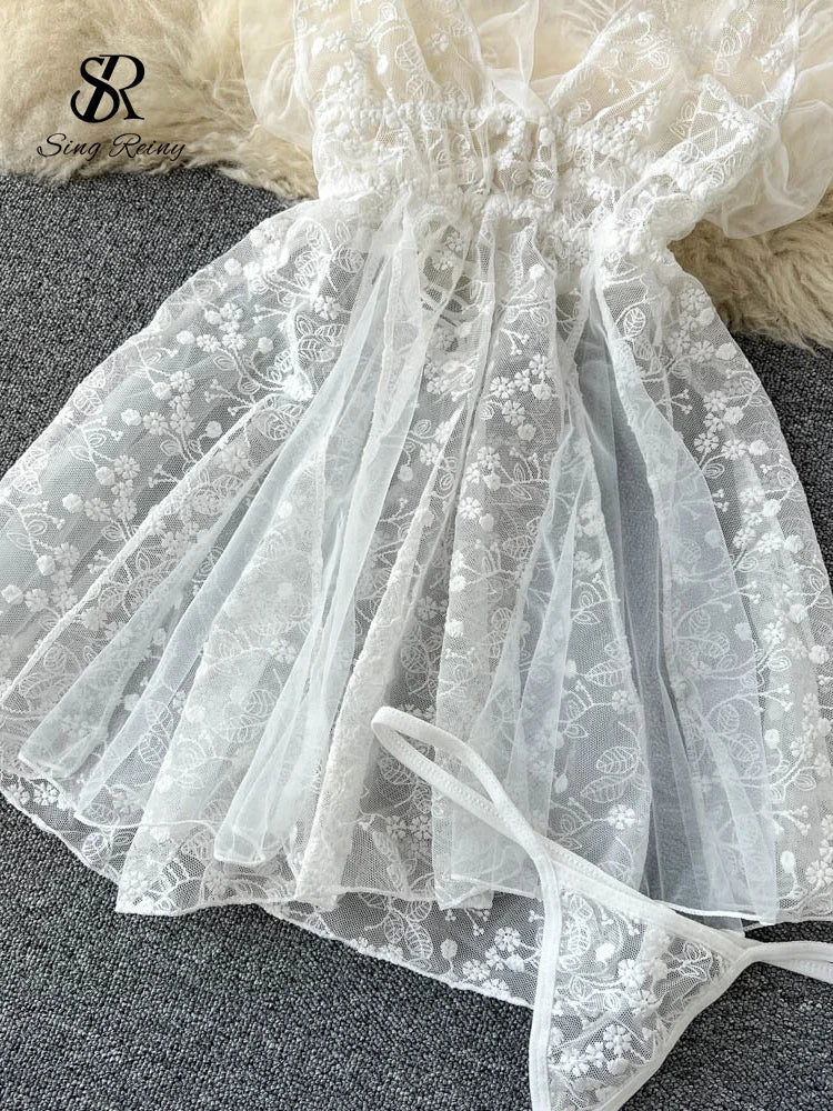 SINGREINY Summer Lace Ruffles Sheer Nightwear Women Sexy Embroidery Camis Slim Pajamas Backless 2023 Erotic Sensual Night Dress