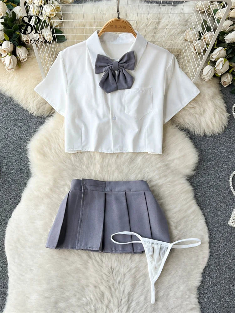 SINGREINY Japan Style Erotic Women Suits Bow Short Sleeve Tops+Mini Pleated Skirt Set JK Role Play Plaid Lingerie Sexy Sets