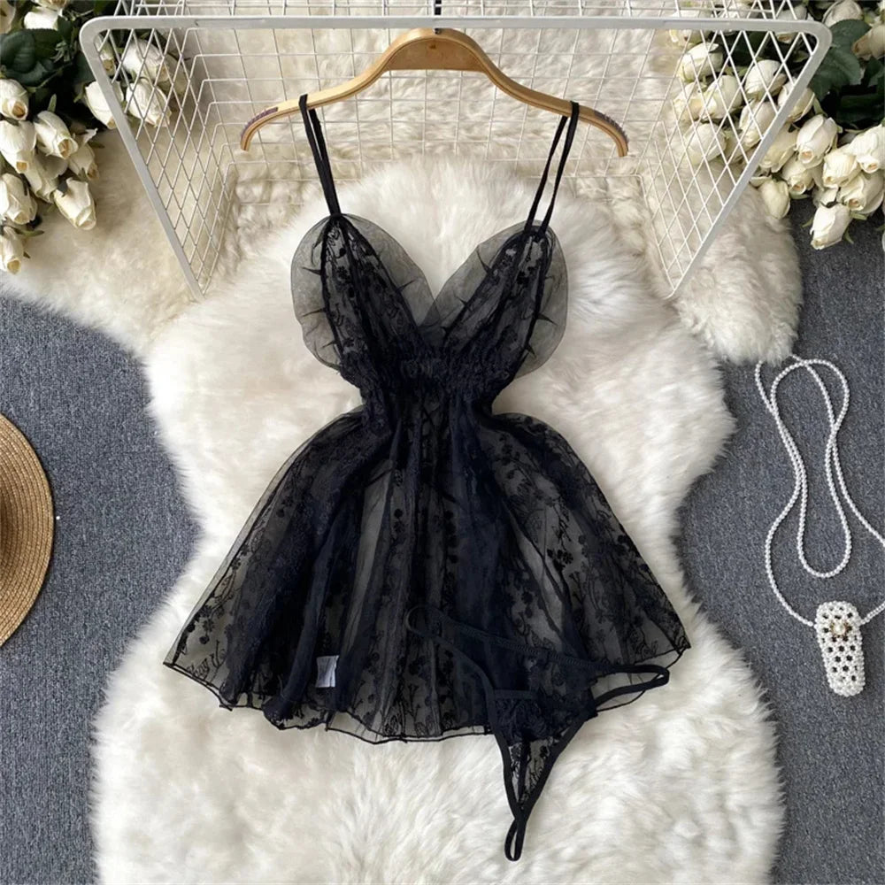 Women's Sexy Transparent Sailor Student Uniform Cosplay Costume with Sheer Bowknot Stripe Patchwork Top + Mini Skirt 2-Piece Set