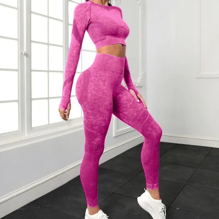 Conjunto de ioga sem costura: leggings de cintura alta e top curto de manga comprida para mulheres