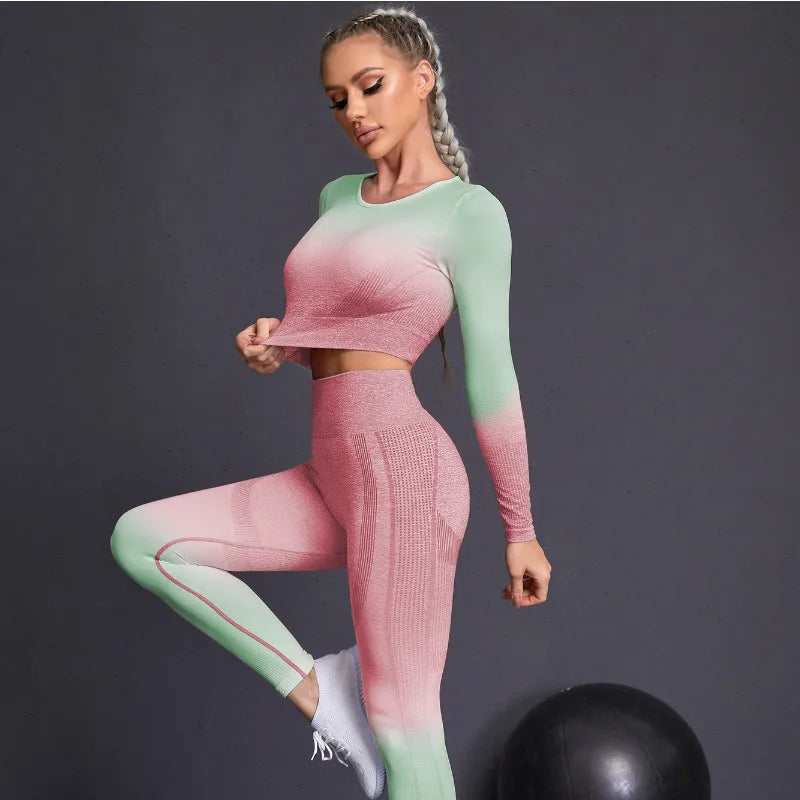 Conjunto de ioga sem costura: leggings de cintura alta com elevação do quadril e blusa de manga comprida para mulheres