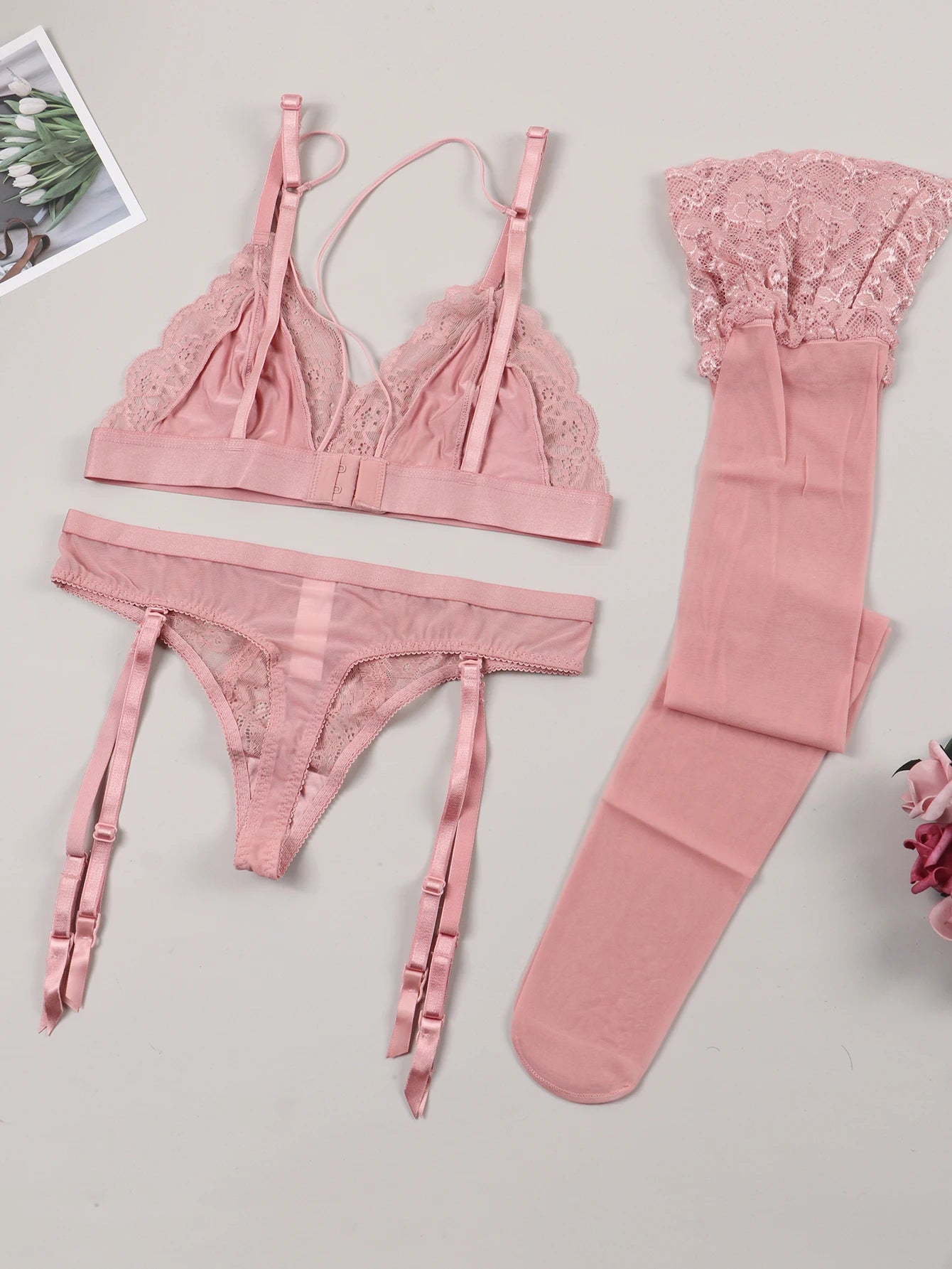 Varsbaby Lace Bra Sets for Women Non-padded Bra + Panty Garter + Stockings 3pcs Summer Underwear Lingerie