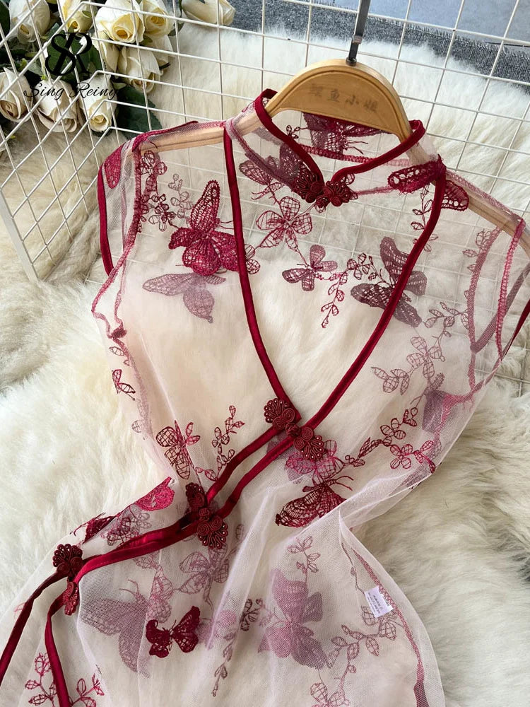 SINGREINY Mesh Sheer Sexy Night Dress Women Hollow Out Split Retro Underwear Embroidery Cheongsam Summer Sheath Erotic Pajamas
