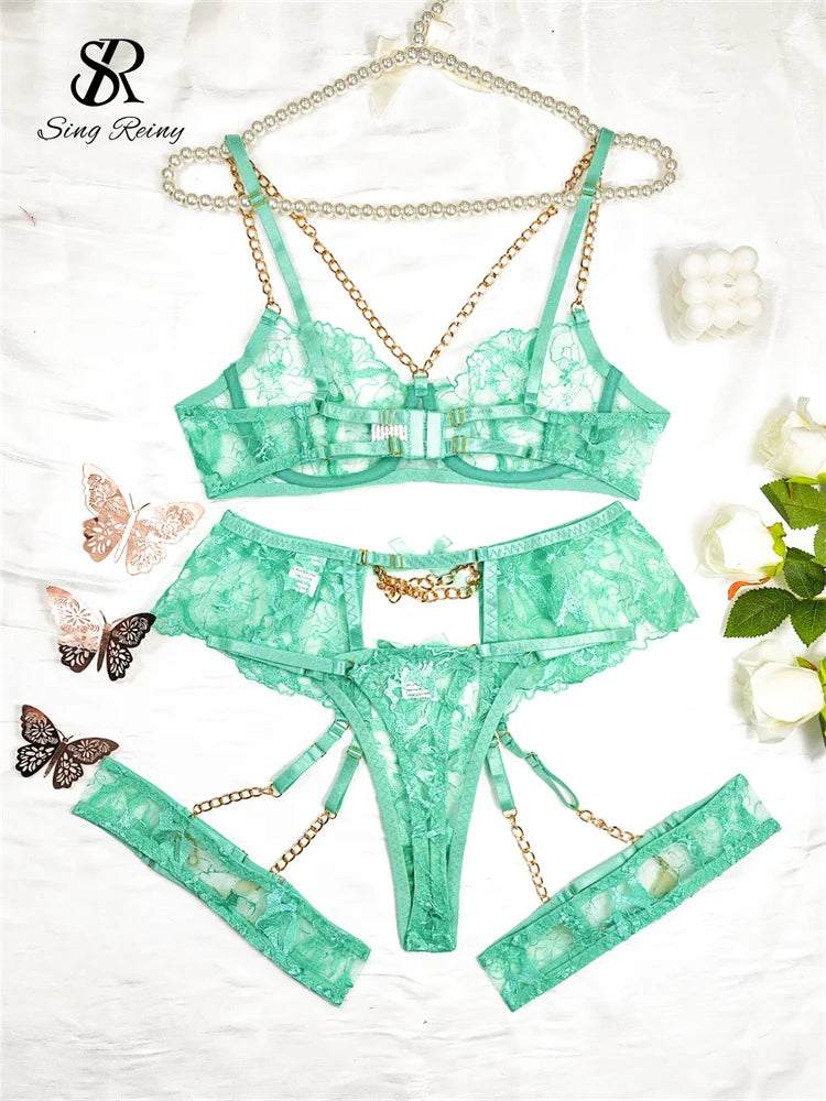 Singiny moda corrente rendas sensual conjuntos de roupa interior bordado espartilho shapewear 2024 senhoras transparente sutiã erótico & briefs ternos