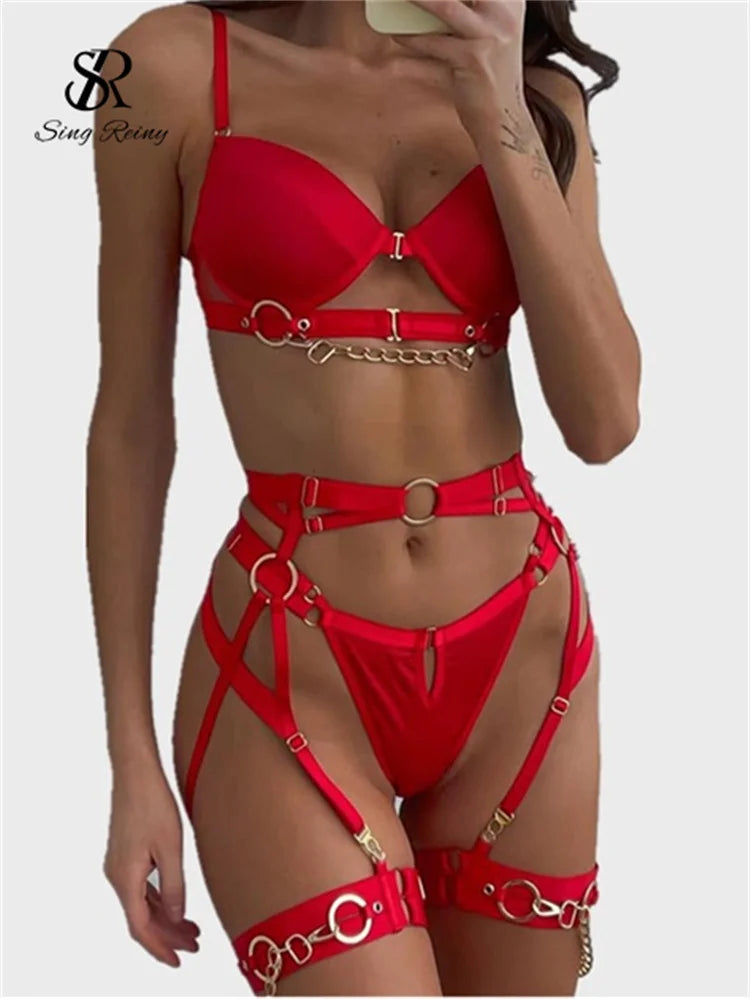 SINGREINY Sexy Fashion Chain Erotic 3 Pieces Sets Ladies Straps Backless Corset Underwear Solid Erotic Sensual Bra&Briefs Suits