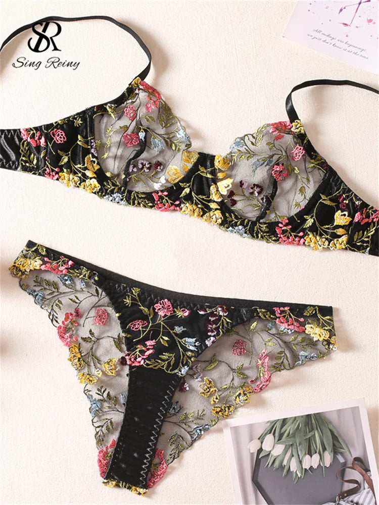 SINGREINY Floarl Sweet Sexy Underwear Suits Summmer Patchwork Slim Transparent Sleepwear Sheer Lingerie Women Bra&Briefs Sets
