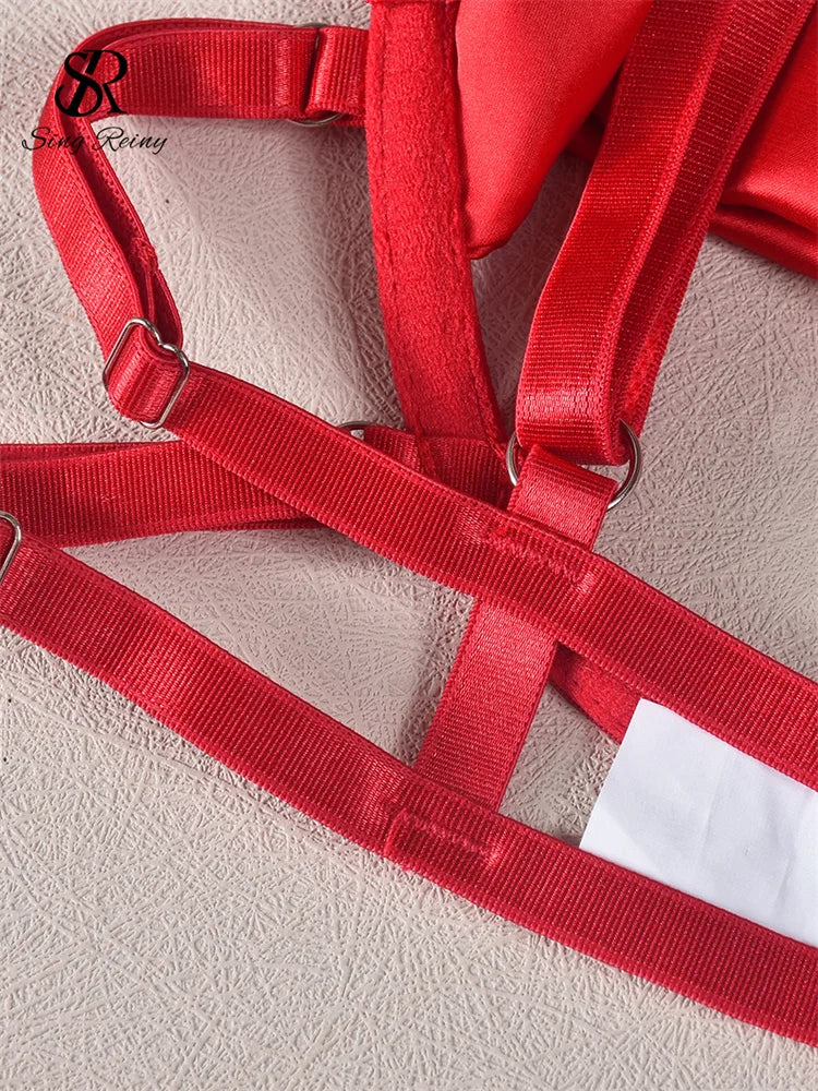 SINGREINY Porno Satin Hollow Out Bra&Brief Suits Fashion Bandage Spliced Slim Sleepwear Women Lace Up Skinny Sexy Underwear Sets