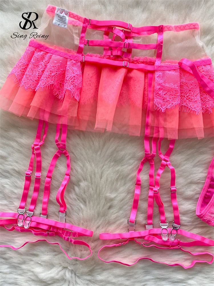 SINGREINY High Quality Mesh Erotic Lingerie Sets Camis Strapless Slim Sleepwear Women Porno Ruffles Sheath Sexy Underwear Suits