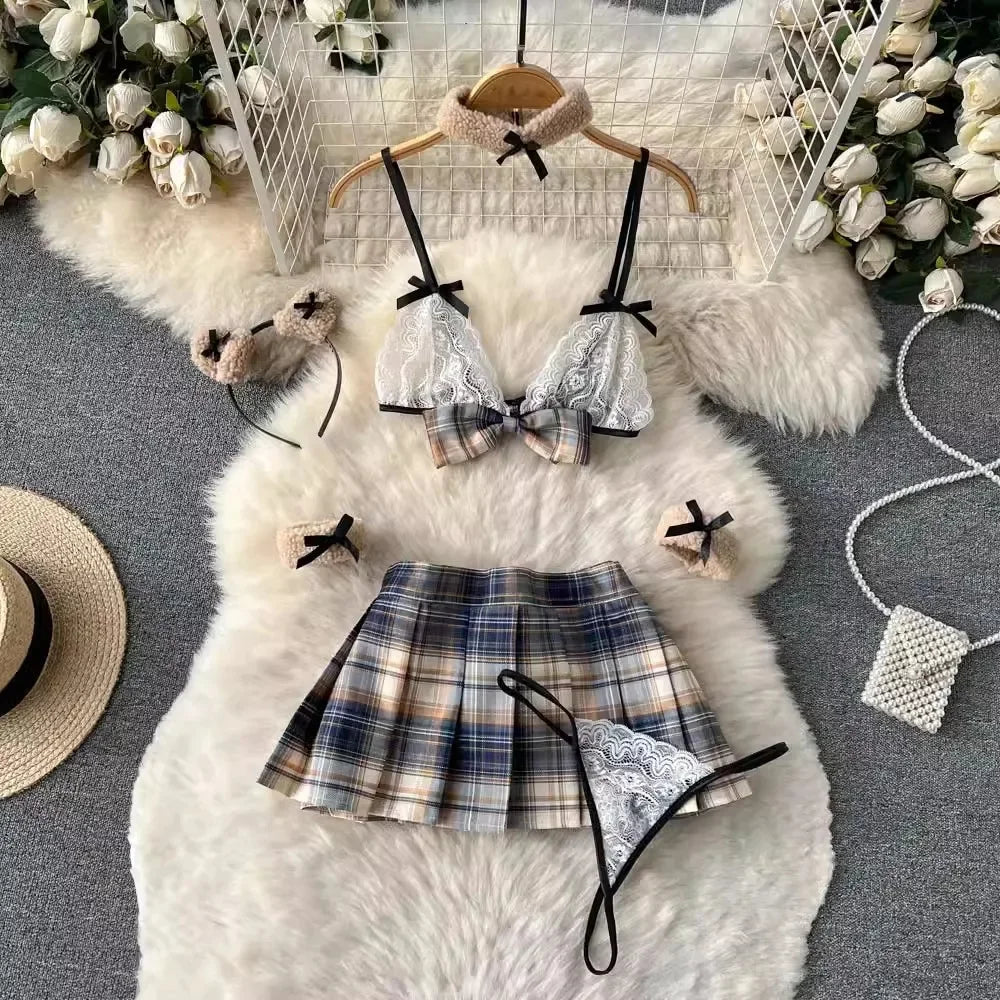 Women's Sexy Transparent Sailor Student Uniform Cosplay Costume with Sheer Bowknot Stripe Patchwork Top + Mini Skirt 2-Piece Set