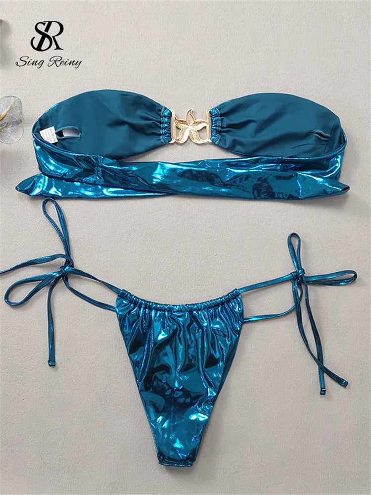 SINGREINY Women Vacation Style Sensual Bikini Suits Ladies Strapless Lace Up Sheath Underwear Fashion Shinny Sexy Swimsuits Sets