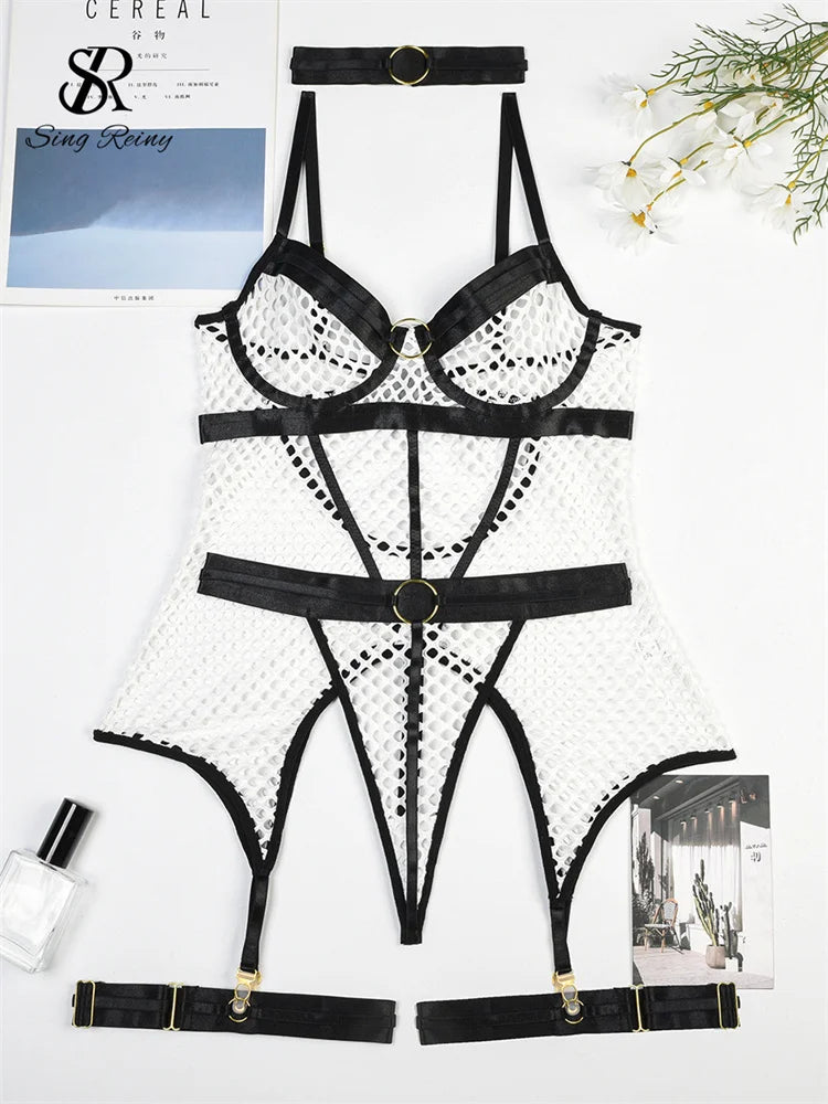 SINGREINY Women Mesh Transparent Erotic Underwear Suits Fashion Strapless Backless Slim Shapewear Sheer Sexy Two Pieces Sets