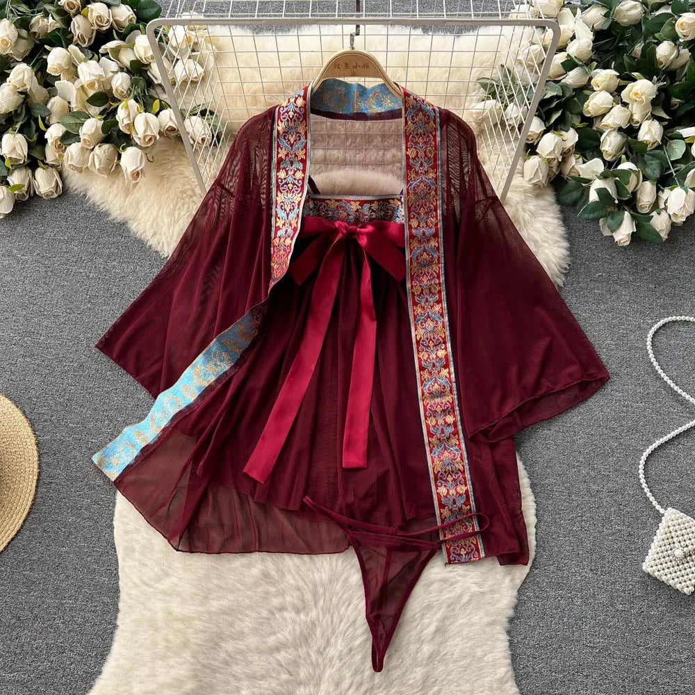 Women's Sexy Transparent Sailor Student Uniform Cosplay Costume with Sheer Bowknot Stripe Patchwork Top + Mini Skirt 2-Piece Set