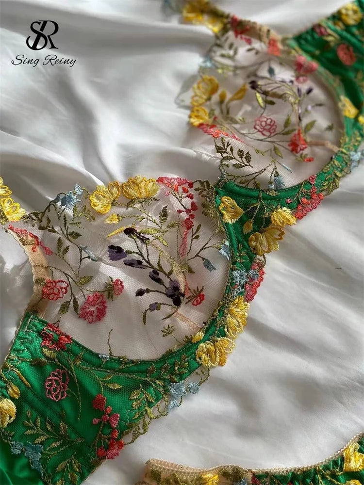 SINGREINY Floarl Sweet Sexy Underwear Suits Summmer Patchwork Slim Transparent Sleepwear Sheer Lingerie Women Bra&Briefs Sets