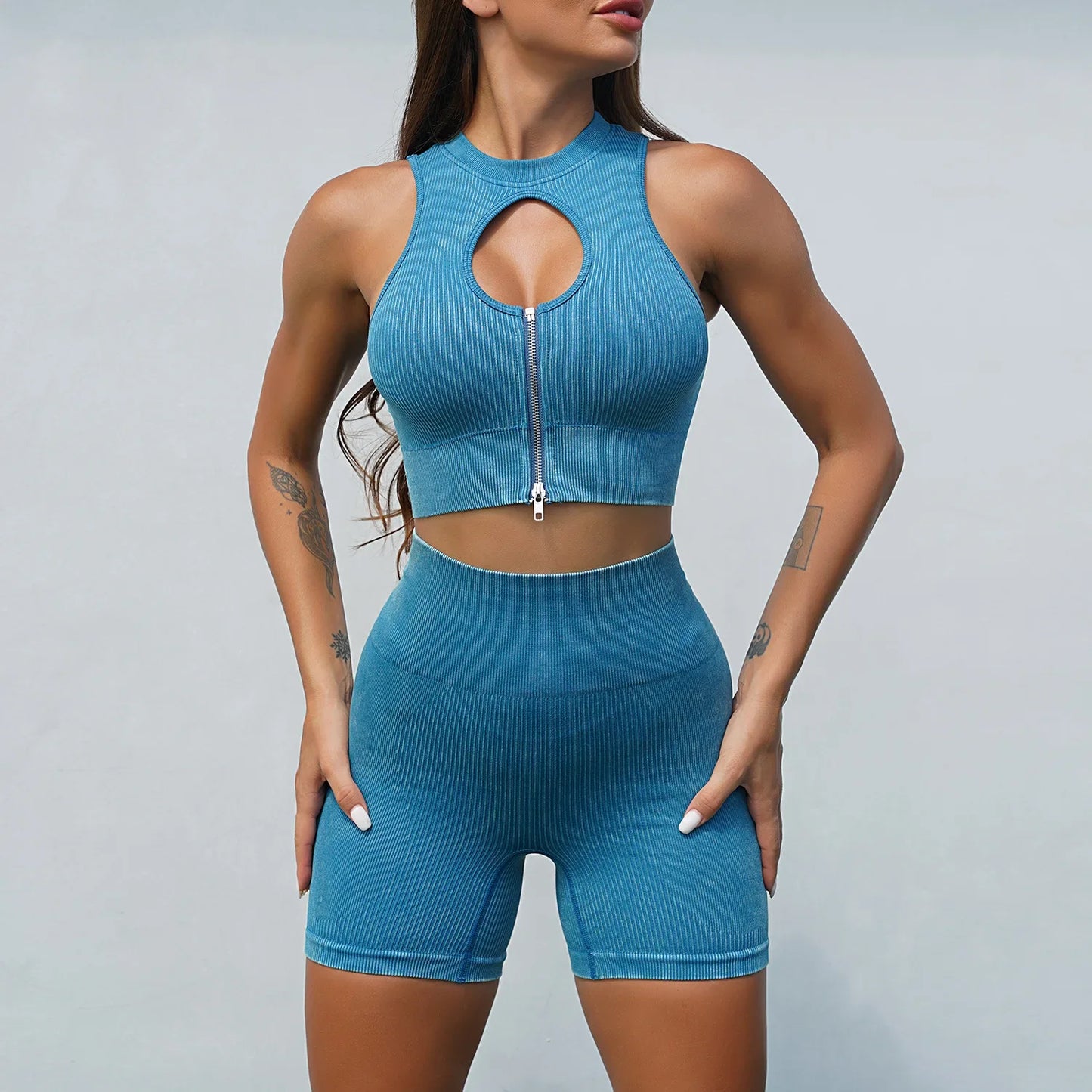 Conjunto de ioga fosco sem costura: leggings de cintura alta para levantamento de quadril e sutiã bonito nas costas