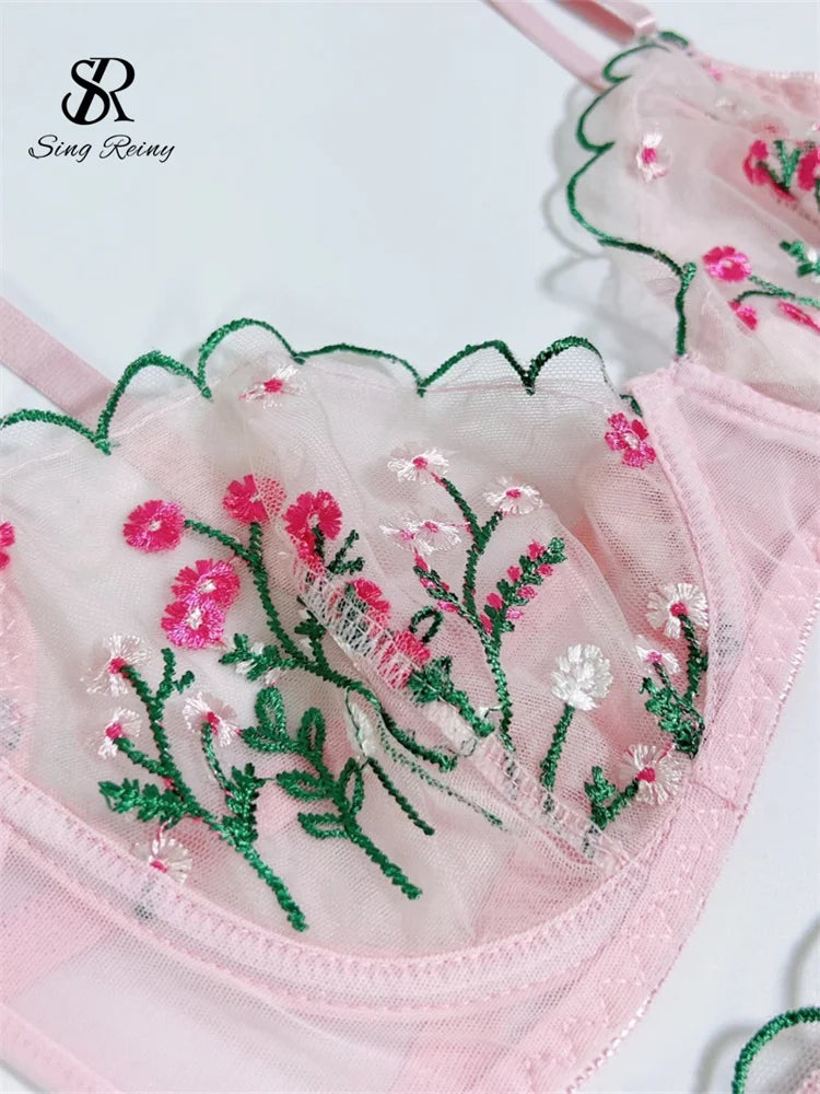 SINGREINY Floral Lace Sexy Bra&Briefs Suits Fashion Embroidery Straps Backless Porno Shapewear Women Sheer Erotic Underwear Suit
