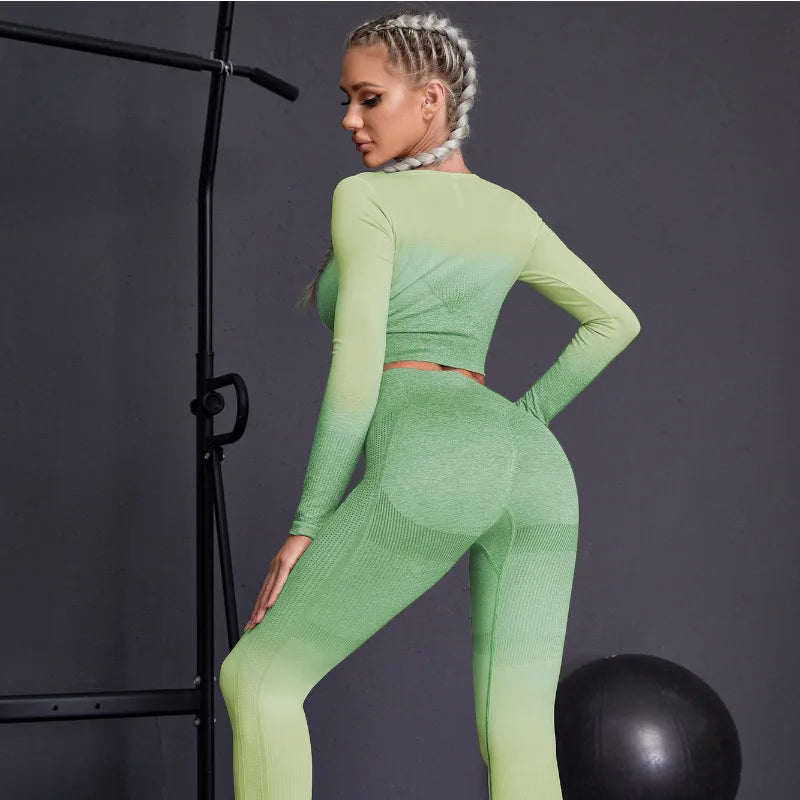Conjunto de ioga sem costura: leggings de cintura alta com elevação do quadril e blusa de manga comprida para mulheres