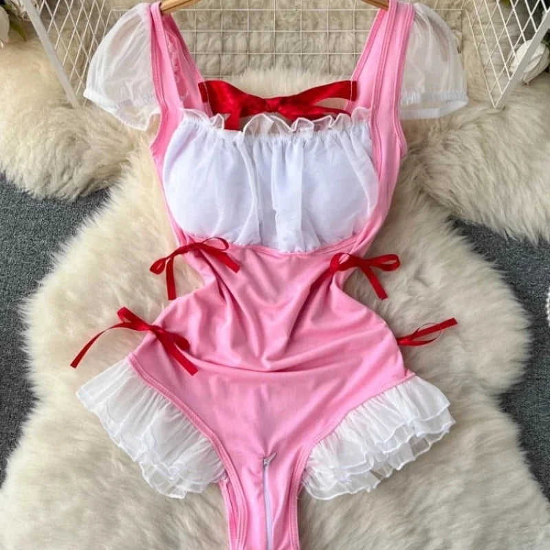 Women's Sexy Transparent Sailor Student Uniform Cosplay Costume with Sheer Bowknot Stripe Patchwork Top + Mini Skirt 2-Piece Set