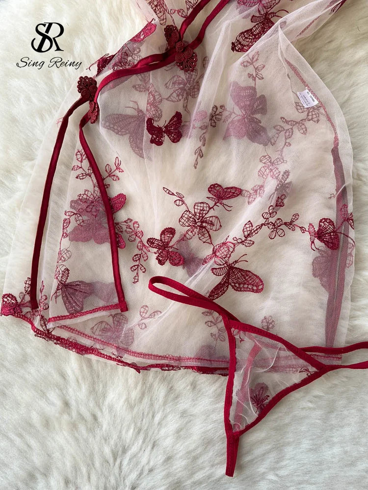 SINGREINY Mesh Sheer Sexy Night Dress Women Hollow Out Split Retro Underwear Embroidery Cheongsam Summer Sheath Erotic Pajamas