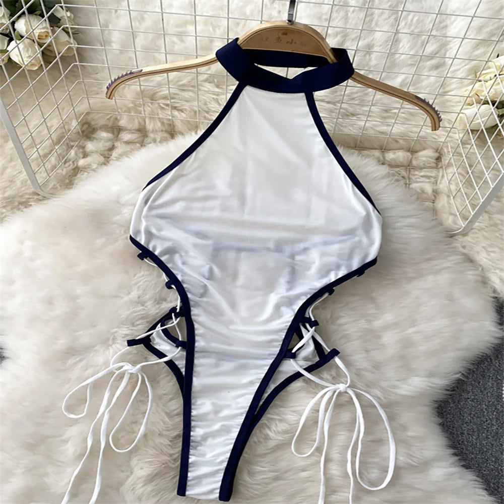 Women's Sexy Transparent Sailor Student Uniform Cosplay Costume with Sheer Bowknot Stripe Patchwork Top + Mini Skirt 2-Piece Set