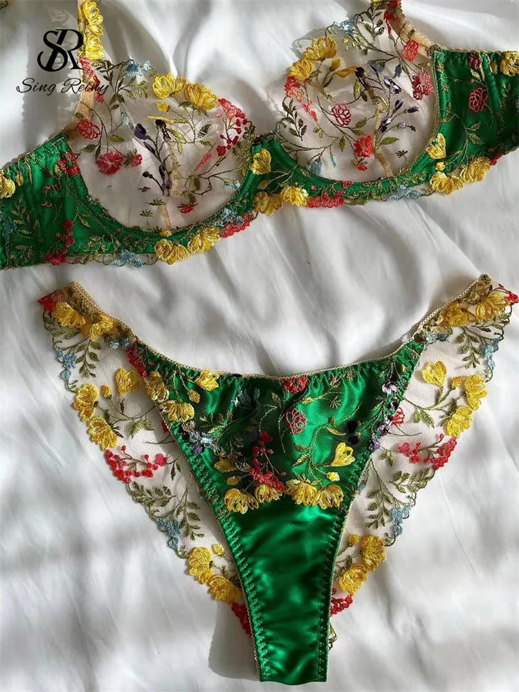SINGREINY Floarl Sweet Sexy Underwear Suits Summmer Patchwork Slim Transparent Sleepwear Sheer Lingerie Women Bra&Briefs Sets