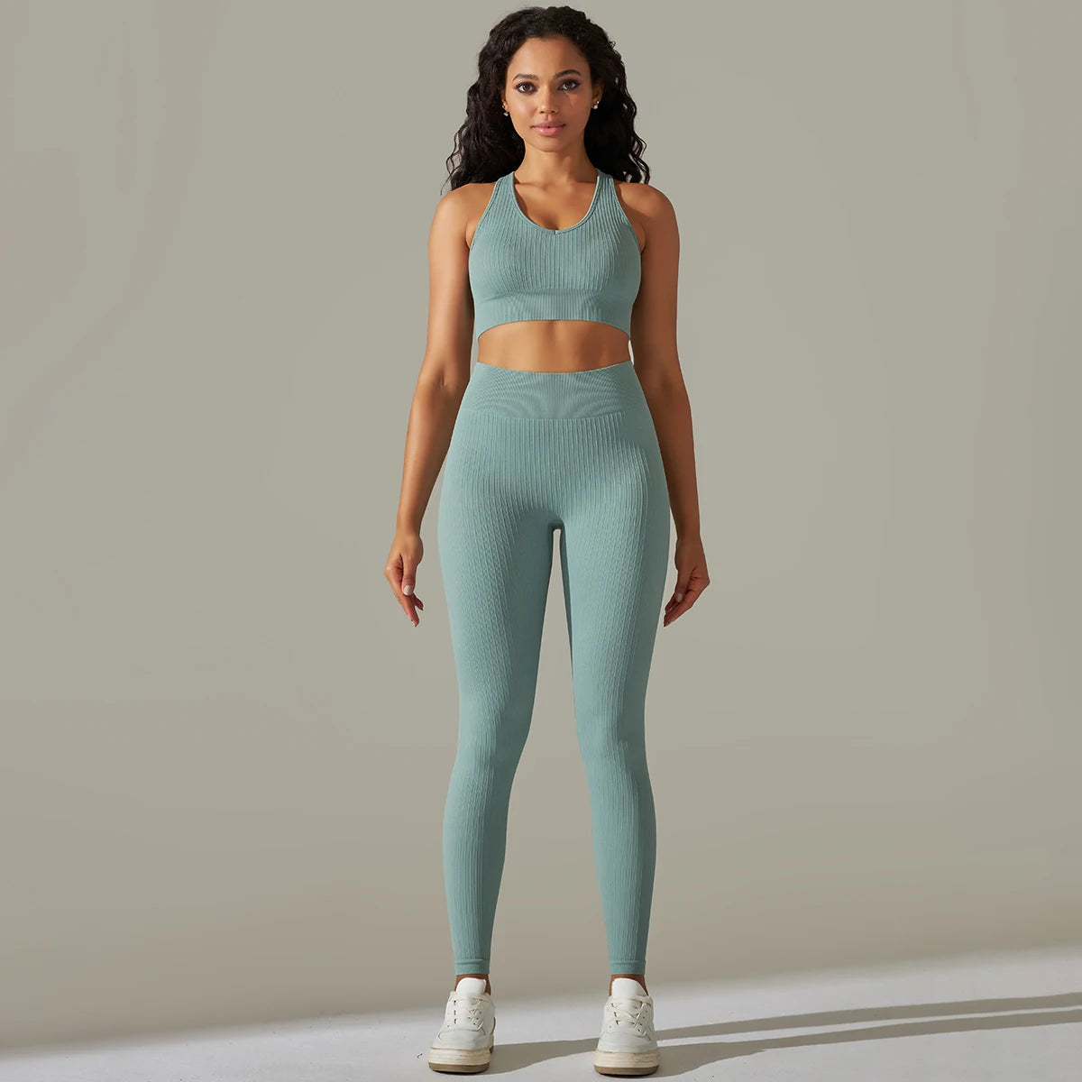 Sem costura conjunto de yoga feminino com nervuras treino esporte sutiã colheita superior cintura alta shorts yoga leggings define fitness ginásio roupas treino