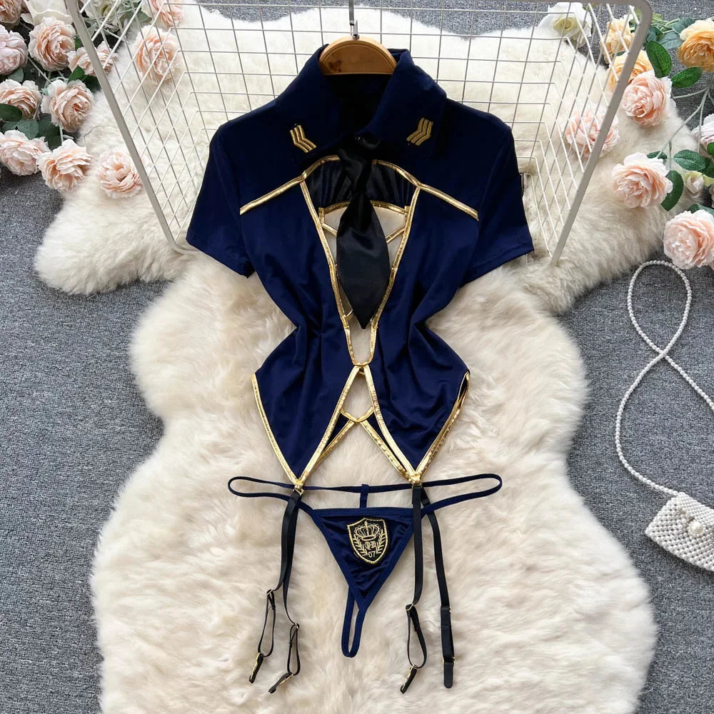 Women's Sexy Transparent Sailor Student Uniform Cosplay Costume with Sheer Bowknot Stripe Patchwork Top + Mini Skirt 2-Piece Set