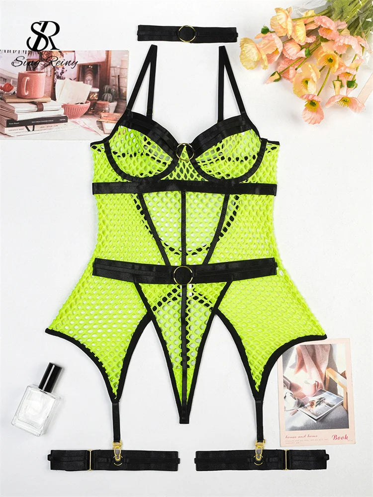 SINGREINY Women Mesh Transparent Erotic Underwear Suits Fashion Strapless Backless Slim Shapewear Sheer Sexy Two Pieces Sets