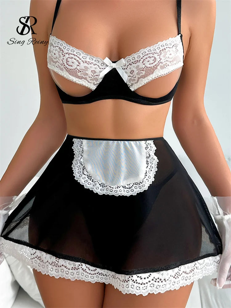 SINGREINY Erotic Maid Uniform Skirt Suits Women Strapless Camis+Short Skirt Sleepwear Sheer Lace Spliced Sexy Lingerie Sets