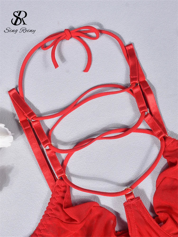 SINGREINY Hollow Out Corset Sexuality Underwear Sets 2024 Transparent Bodycon Club Shapewear Female Halter Erotic Lingerie Suits