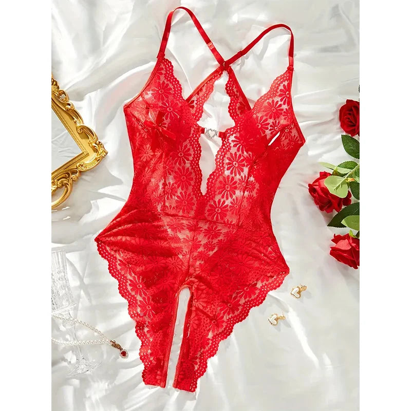 Exquisite Floral Lace Teddy: Scallop Trim, Criss-Cross Back, and Open Crotch