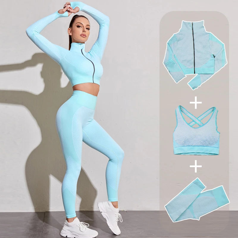 Sem costura feminino yoga ginásio ternos esportivos de fitness treino correndo roupas esportivas manga longa colheita superior leggings sutiã conjunto atlético
