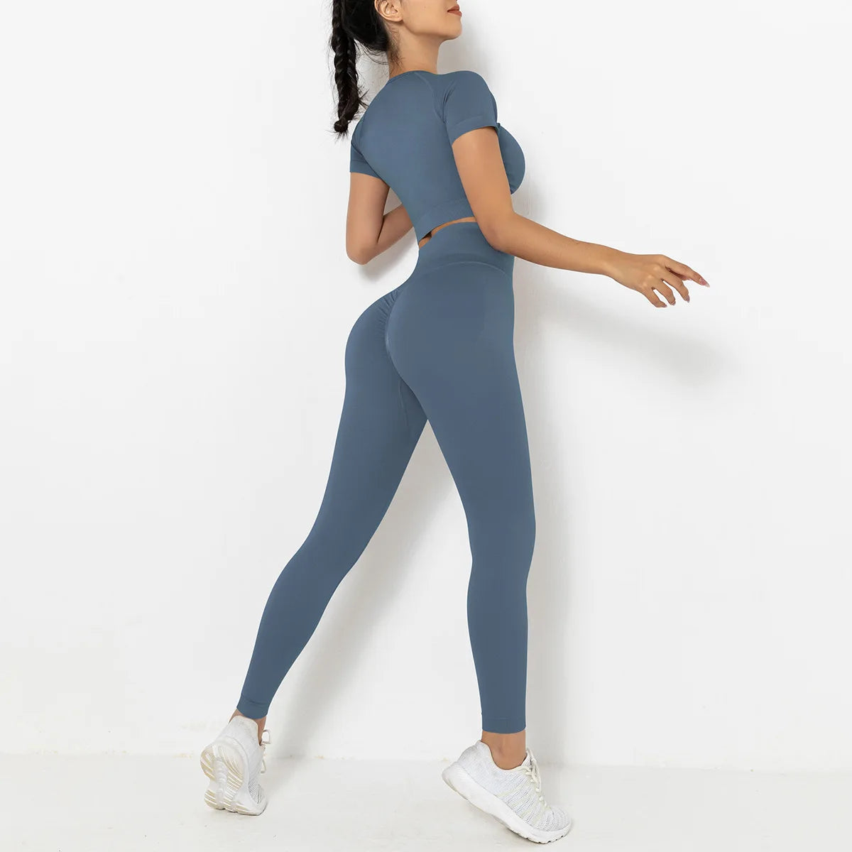 Seamless High-Waist Yoga Set: Hip-Lifting Leggings & Short-Sleeved Top for Women