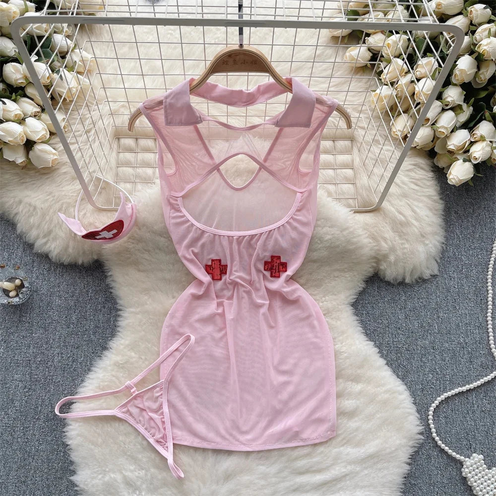 Women's Sexy Transparent Sailor Student Uniform Cosplay Costume with Sheer Bowknot Stripe Patchwork Top + Mini Skirt 2-Piece Set