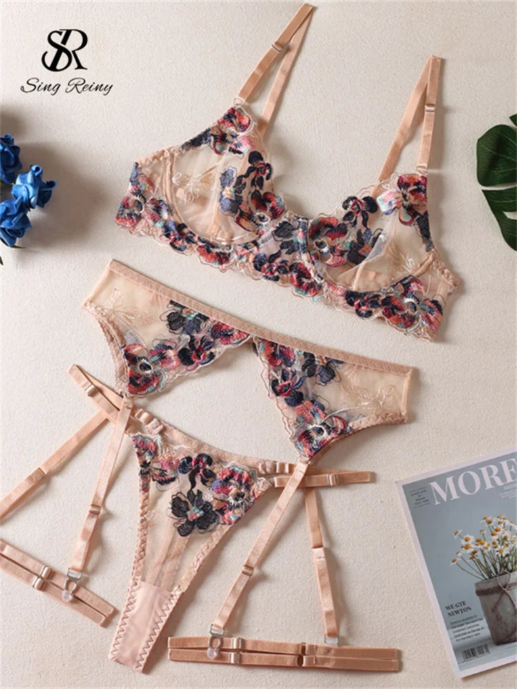 SINGREINY Floral Embroidery Sexy 4 Pieces Suits Ladies Bodycon Sheer Shapewear Strapless Club Erotic Lingerie Underwear Sets